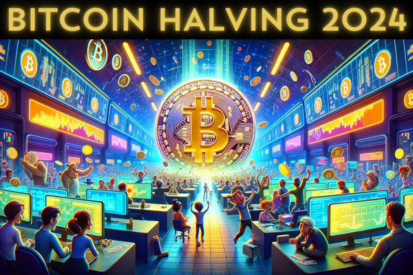 A horizontal, Pixar-style image representing the concept of 'Bitcoin Halving 2024'. The scene should depict a vibrant and dynamic digital world, with characters personifying Bitcoin miners and traders animatedly discussing and reacting to the halving event. The environment is futuristic, filled with digital screens showing Bitcoin graphs and cryptocurrency symbols. Central to the scene is a large, glowing Bitcoin symbol being metaphorically 'halved', with characters expressing surprise, excitement, and anticipation. The setting should have a tech-forward, digital feel, using bright, neon colors and elements that suggest advanced technology and the digital nature of cryptocurrency. The image should capture the excitement and significance of the Bitcoin Halving event in a playful and imaginative way.