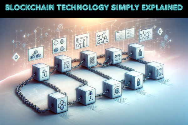 Visualize an image that simply explains blockchain technology in a non-textual, horizontal format. The image features a series of interconnected blocks, each symbolizing a data block in a blockchain. These blocks are linked together with lines to represent the chain, emphasizing the concept of interconnectedness and security. Each block contains simple, symbolic representations of data, such as a lock to represent security, a ledger book for record-keeping, and abstract digital patterns to signify cryptographic elements. The background is a soft, digital landscape, illustrating the virtual and decentralized nature of blockchain. This image simplifies the complex concept of blockchain technology into an easily understandable visual metaphor.
