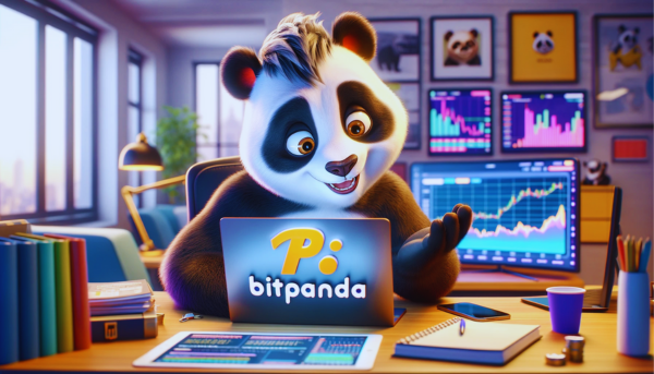Horizontal image featuring a young, attractive anthropomorphic panda engaged in online trading, in a style reminiscent of Pixar animation. The panda, with a playful and intelligent expression, is intently observing a laptop screen that prominently displays the logo 'BITPANDA', symbolizing a fictional online trading platform. The setting is a well-organized, modern workspace, filled with elements like financial charts, a digital tablet, and personal mementos. The overall atmosphere should be vibrant, imaginative, and tech-savvy, capturing the essence of a dynamic and modern financial environment, all while maintaining a whimsical and approachable Pixar-like aesthetic. https://blockchainz.top/