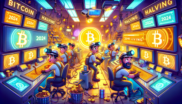 A horizontal, Pixar-style image depicting the theme 'Bitcoin Halving 2024'. The scene shows animated miners, styled humorously and whimsically, engaged in digital mining for Bitcoin. They are surrounded by futuristic mining equipment and computers, with screens showing Bitcoin symbols and the '2024 Halving' event. The miners are depicted in a playful and exaggerated style, wearing digital mining gear and headlamps, focused on their task. The setting is an imaginative digital mining environment, filled with vibrant colors and tech-inspired decor, symbolizing the excitement and significance of the Bitcoin halving event in 2024. The image should capture the spirit of anticipation and the futuristic aspect of cryptocurrency mining.